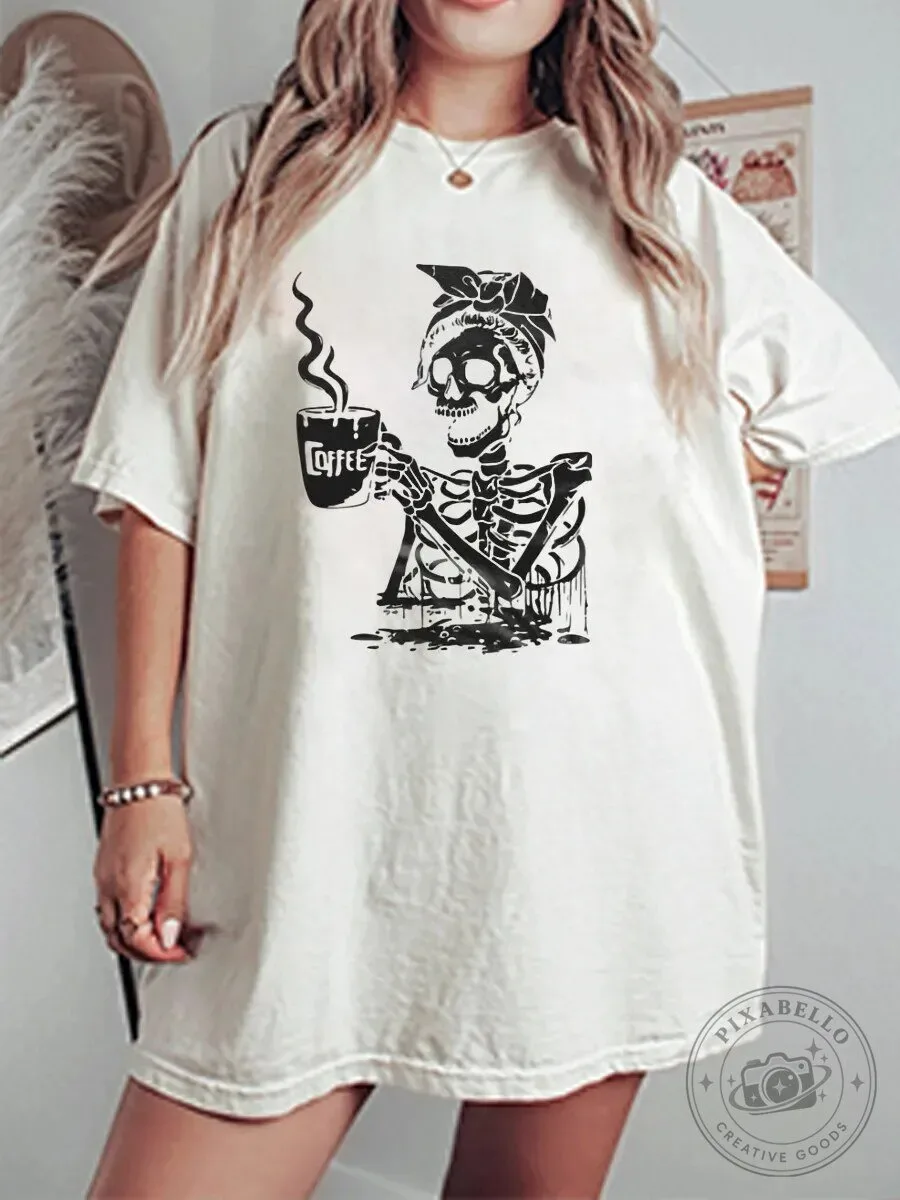 Vintage Skeleton Coffee Lover Oversized Graphic T-Shirt for Women