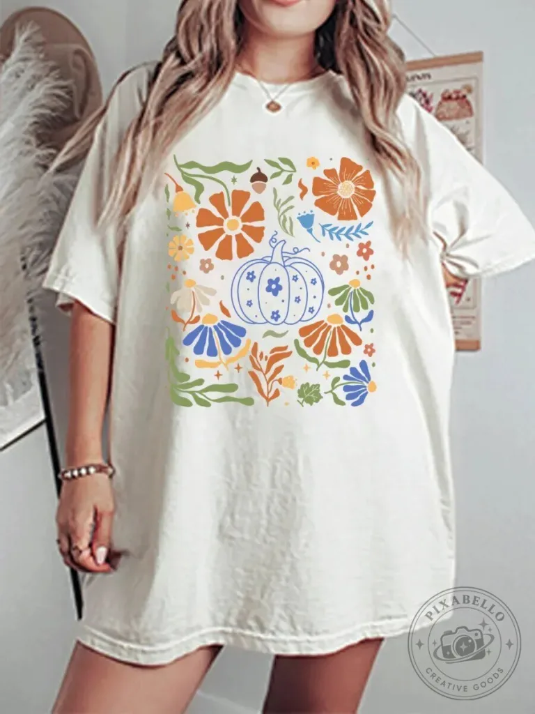 Vintage Floral Pumpkin Oversized Graphic T-Shirt Autumn Fall Season Apparel