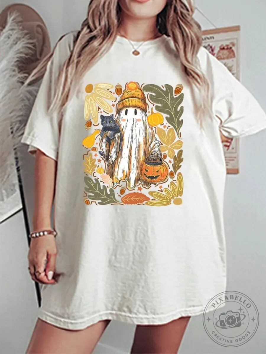 Cute Ghost with Pumpkin and Black Cat Autumn Leaves Halloween T-Shirt