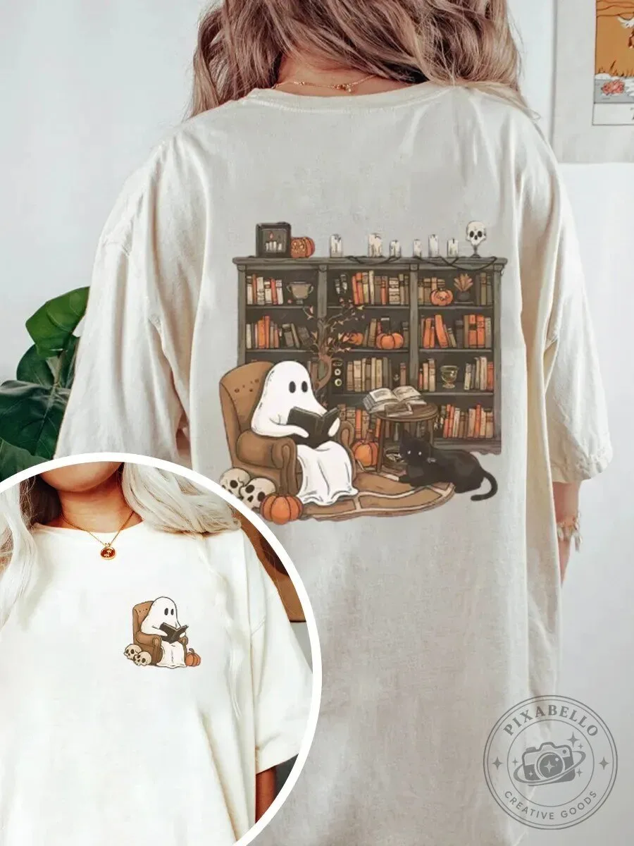 Vintage Ghost Reading Books Halloween Spooky Season Graphic T-Shirt