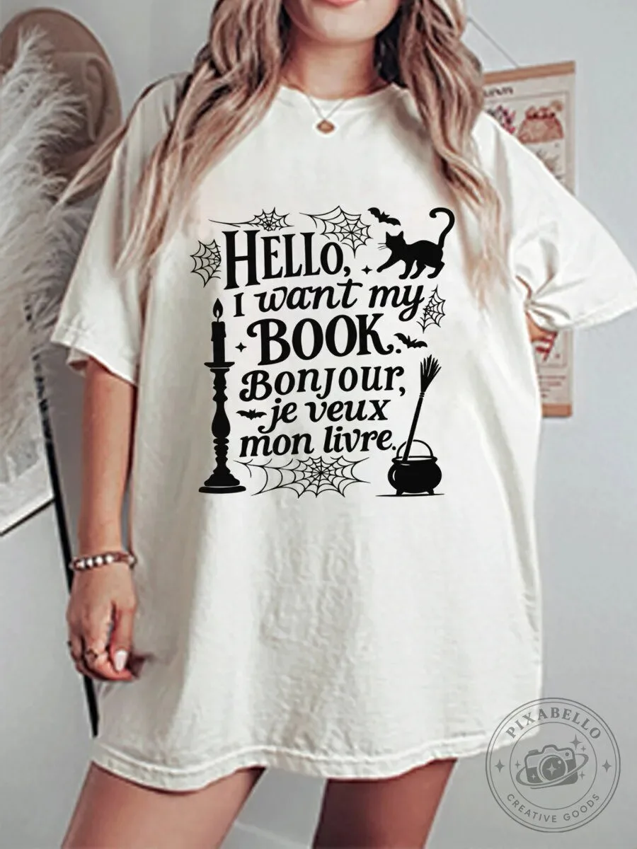 Halloween Hello I Want My Book Witchy Black Cat Spiderweb T-Shirt