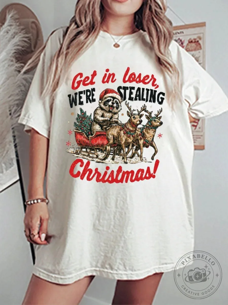 Funny Christmas Raccoon Stealing Christmas Sleigh Reindeer Holiday T-Shirt 1 Funny Christmas Raccoon Stealing Christmas Sleigh Reindeer Holiday T-Shirt